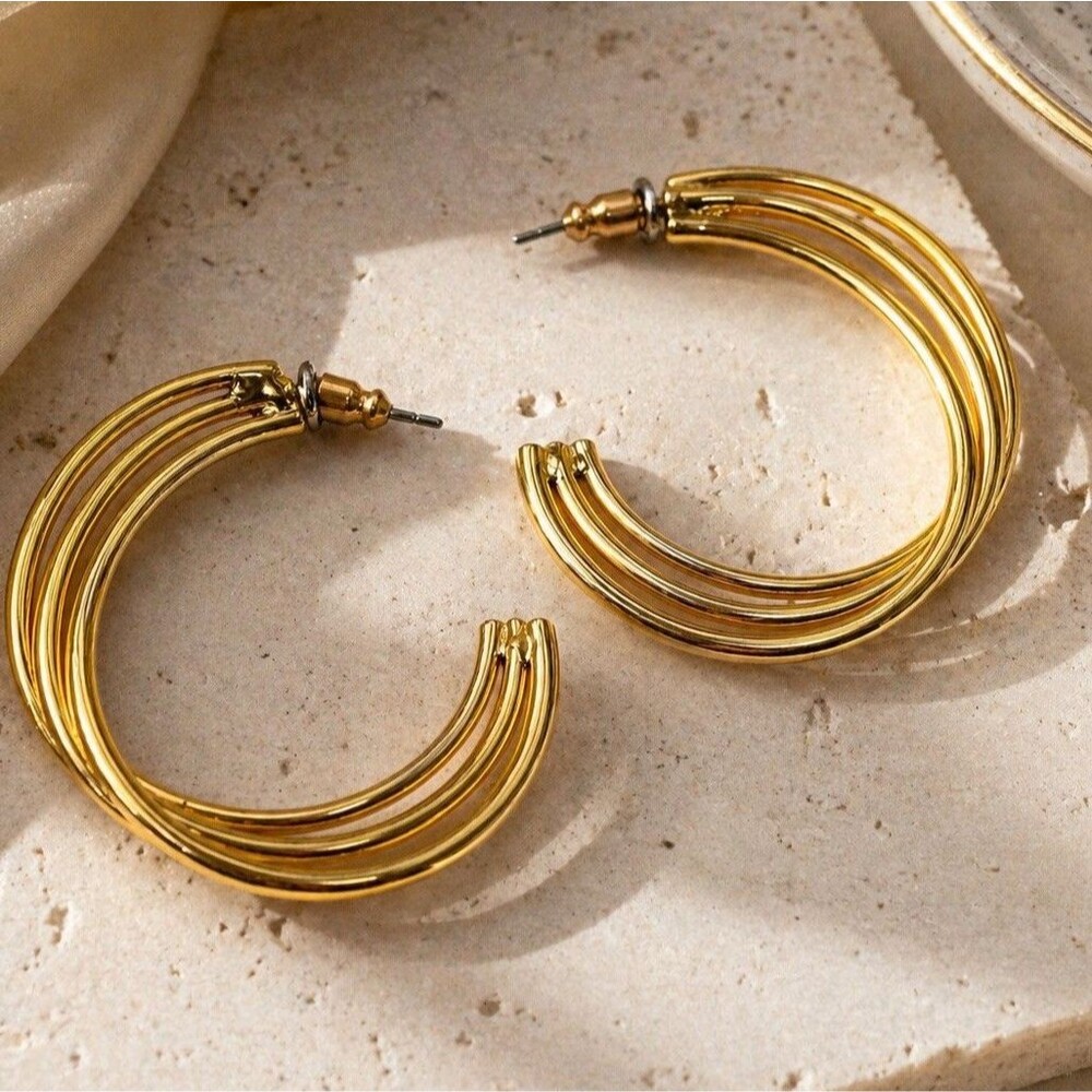 Vintage 1980s Gold Tone Triple Row Hoop Earrings Chunky Layered Statement Retro